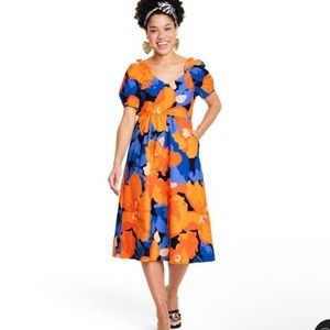 Tabitha Brown Floral Print Puff Sleeve Tie Back Midi Dress